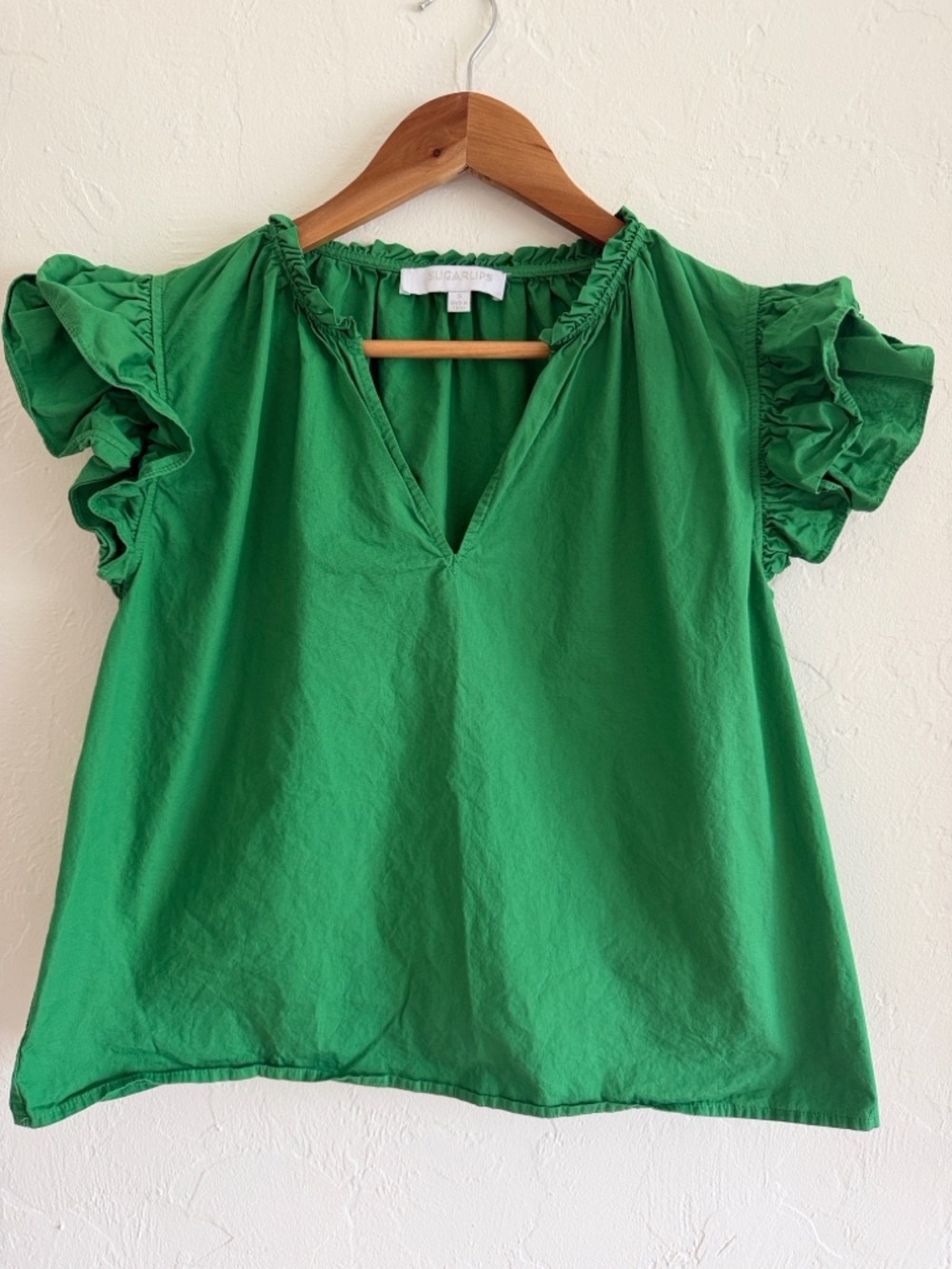 Sugarlips Risette Ruffle Cap Sleeve Split Neck Top Size S - Picture 3 of 7